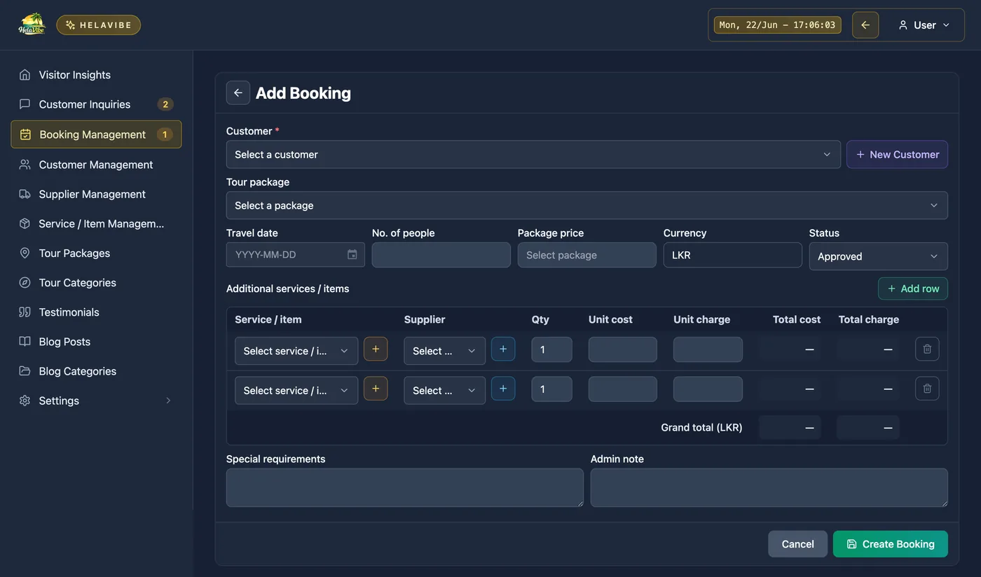 HelaVibe booking and billing portal dashboard